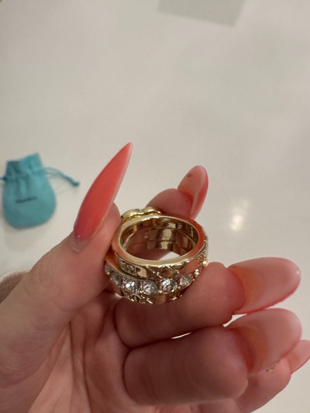 CHANEL Gold Tone Crystal Band Ring